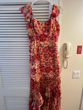 Guess Floral Ruffle Maxi Dress in Red, Pink and Yellow
